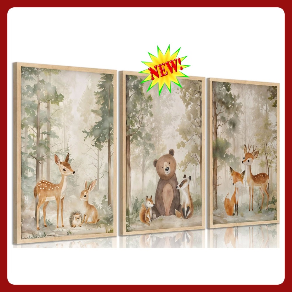 Woodland Animal Nursery Canvas Art 3Pc Set 16x24 New
